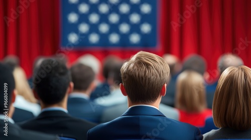 Wallpaper Mural Audience watching a speaker with an American flag backdrop, highlighting engagement in political or social discussions. Torontodigital.ca