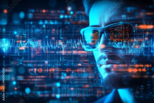 Neurocircuitry bioelectrical signal and artificial synapse man in glasses with data overlay representing digital thinking neural activity and advanced cognition photo