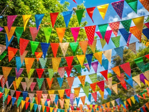 Colorful triangular flags in various bright hues and patterns fluttering in the wind, attached to a rope, creating a festive and dynamic atmosphere outdoors. photo