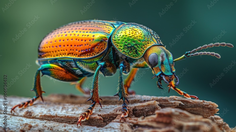 Naklejka premium A close-up of a vibrant, iridescent beetle with green, blue, orange, and yellow colors, perched on a piece of weathered wood.
