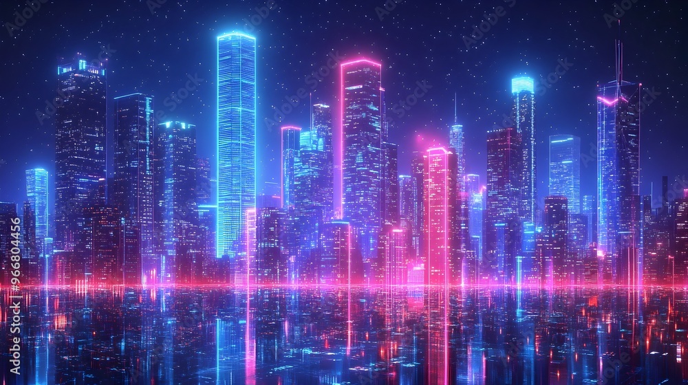 Neon City Skyline with Holographic Tour Guide in Anime Style Neon City Skyline with Holographic Tour Guide in Anime Style