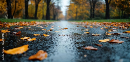 A city park drenched in rain, with puddles forming and leaves scattered by the wind, capturing the essence of a stormy day