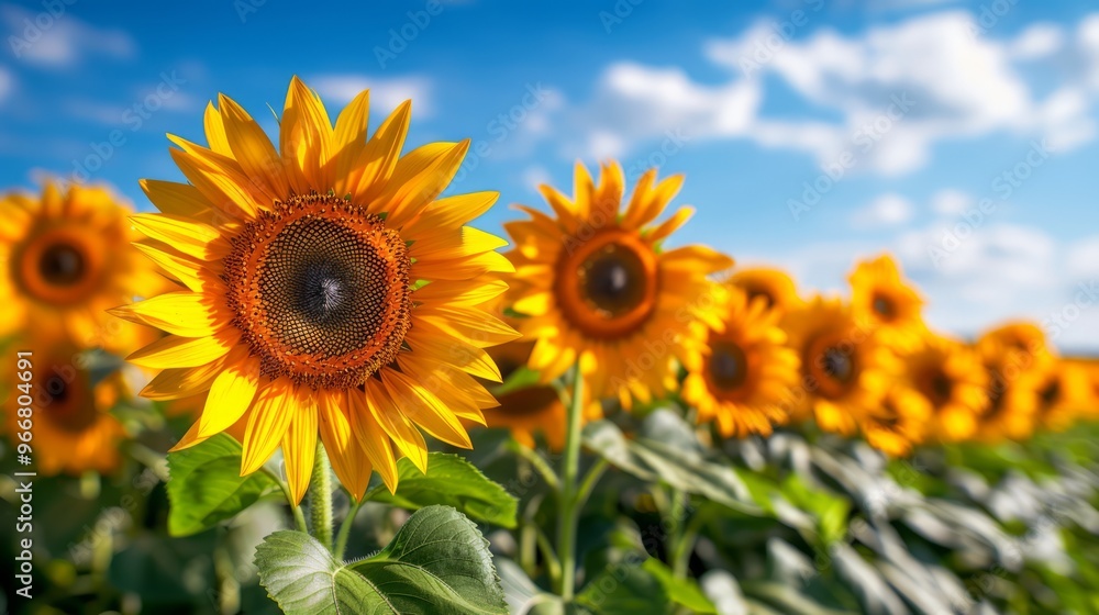 a vibrant summer field of sunflowers with their bright yellow blooms reaching towards the sun, against a backdrop of clear blue skies and fluffy white clouds, evoking a joyful summer feeling, with a vibrant summer field of sunflowers with their bright yellow blooms reaching towards the sun, against a backdrop of clear blue skies and fluffy white clouds, evoking a joyful summer feeling, with