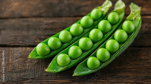 Fresh organic peas in an open pod, laid on a rustic surface, symbolizing the simplicity and purity of farmfresh food photo