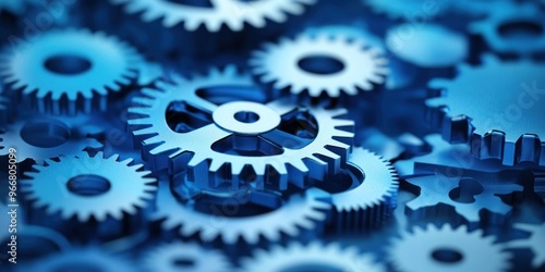 Close-up of Interlocking Blue Metal Gears