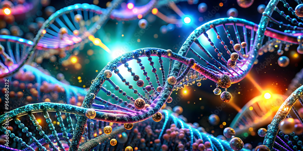 The Blueprint of Life: A mesmerizing 3D render of vibrant, luminous DNA strands, showcasing the building blocks of life in stunning detail. The Blueprint of Life: A mesmerizing 3D render of vibrant, luminous DNA strands, showcasing the building blocks of life in stunning detail.
