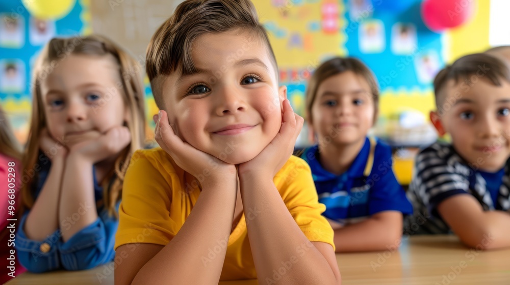 Bright and cheerful classroom setting with primary students engaging in emotional learning activities, displaying a range of expressions from joy to contemplation. Copy space for text Bright and cheerful classroom setting with primary students engaging in emotional learning activities, displaying a range of expressions from joy to contemplation. Copy space for text