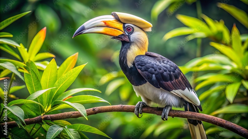 A majestic Hornbill bird with striking black and white plumage, distinctive casque and intense gaze surveys its A majestic Hornbill bird with striking black and white plumage, distinctive casque and intense gaze surveys its
