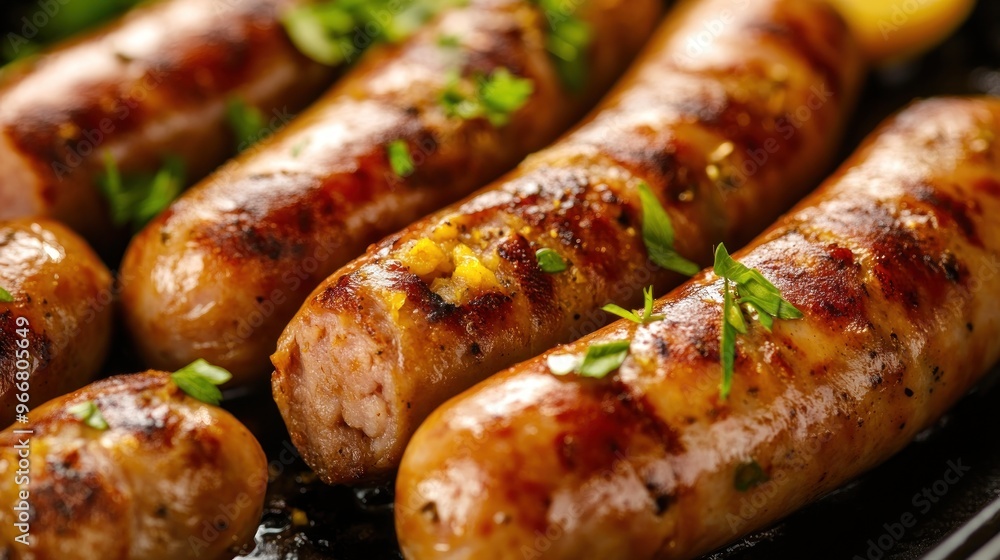 Close-up of Grilled Sausages with Herbs and a Golden Glaze Close-up of Grilled Sausages with Herbs and a Golden Glaze