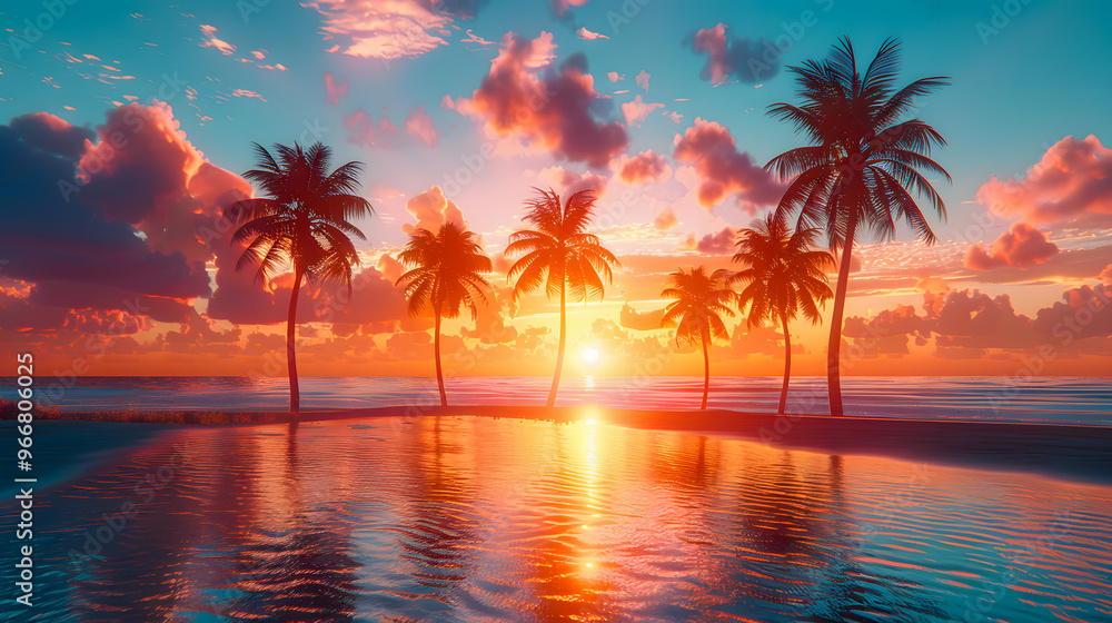 Gorgeous tropical sunset over beach with palm tree silhouettes Perfect for summer travel and vacation Gorgeous tropical sunset over beach with palm tree silhouettes Perfect for summer travel and vacation