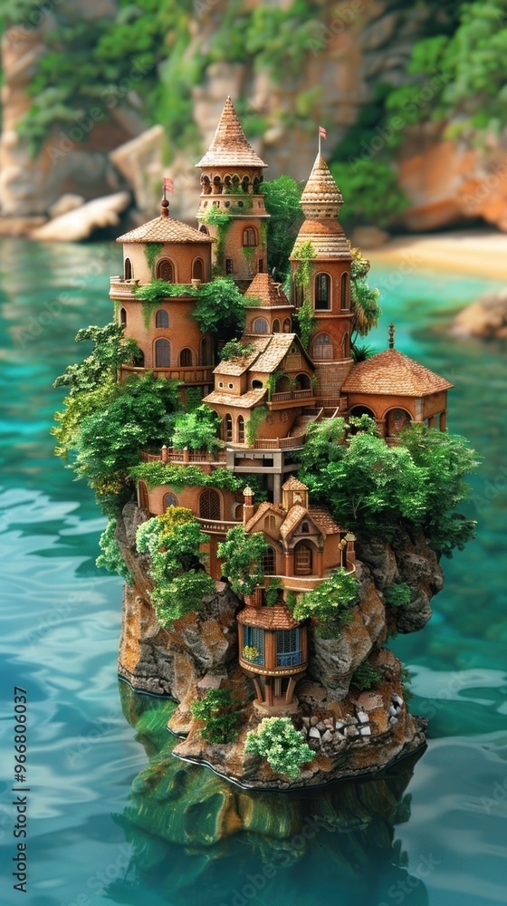 Fototapeta premium Miniature castle on a rocky island in a turquoise lagoon.