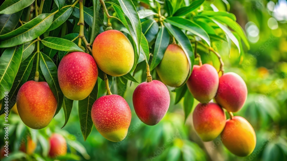A mango's vibrant journey unfolds from delicate blossom to ripened fruit, suspended on lush green branches, swaying A mango's vibrant journey unfolds from delicate blossom to ripened fruit, suspended on lush green branches, swaying