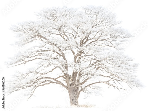 A large, deciduous tree with bare branches covered in a thick layer of frost stands against a white background.