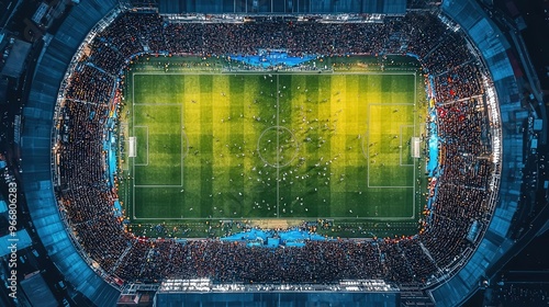 An overhead drone shot of a football match in progress, showing the entire field, players in motion, and the crowd in the stands, high resolution