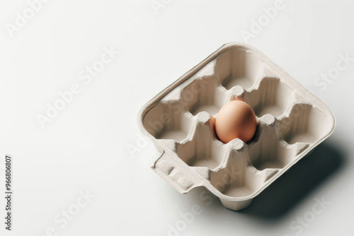 One egg in a cardboard box. Space for text. photo