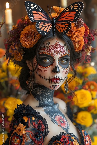 Hermosa mujer vestida como Catrina con maquillaje  y flores de cempasúchil en la cabeza con un vistoso adorno de mariposa monarca al fondo velas y flores. Dia de muertos 