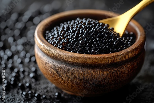 Black Caviar in Wooden Bowl with Golden Spoon