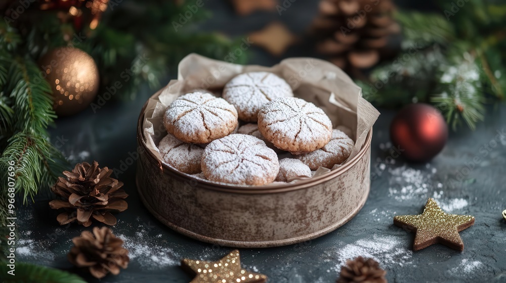 A cozy, rustic still life scene showcasing a round tin box filled with homemade walnut-shaped cookies A cozy, rustic still life scene showcasing a round tin box filled with homemade walnut-shaped cookies