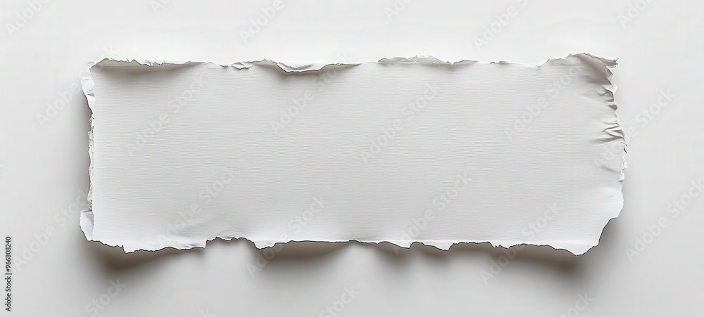 A single piece of white paper with torn edges on the left side is placed against an all-white background A single piece of white paper with torn edges on the left side is placed against an all-white background