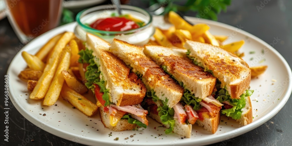 Club sandwich presented on a light-colored plate accompanied by a portion of French fries. Club sandwich presented on a light-colored plate accompanied by a portion of French fries.