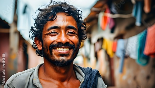 Joyful spirit in the shadows of slums, a cheerful smile that brightens the bleak surroundings