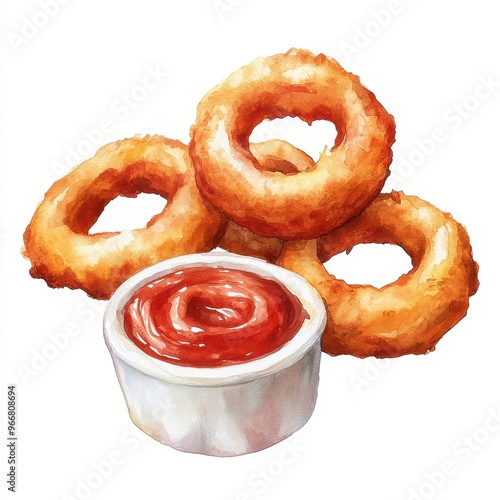 Delicious crispy onion rings served with tangy ketchup. Perfect for snacks and appetizers, ideal for food photography. photo