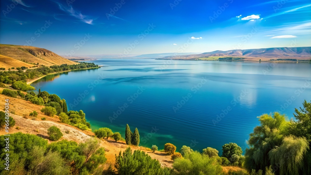 A serene lake, nestled among picturesque hills and a brilliant blue sky, evokes the peaceful essence of the A serene lake, nestled among picturesque hills and a brilliant blue sky, evokes the peaceful essence of the