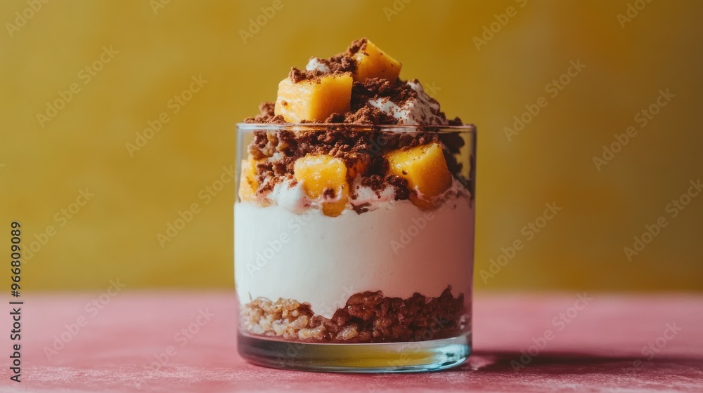 Mango Cream Dessert with Cocoa Powder in Glass. Mango Cream Dessert with Cocoa Powder in Glass.