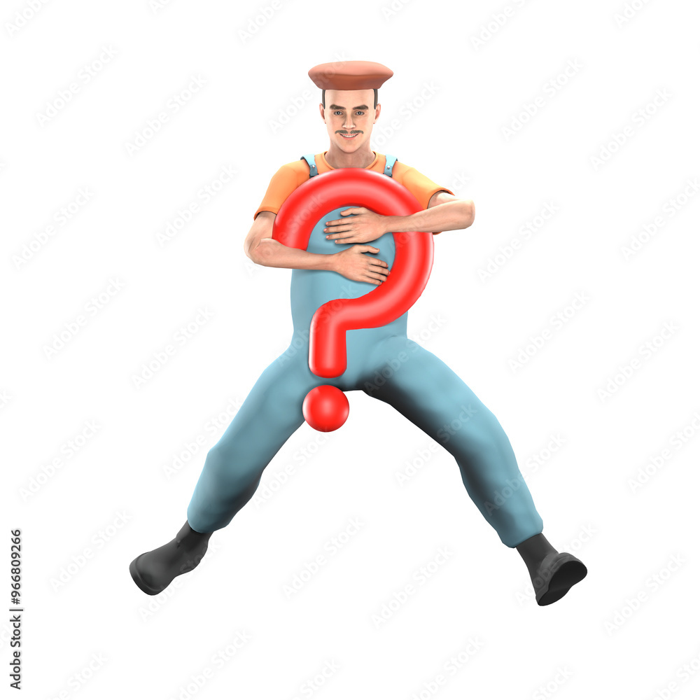 Artistic 3D Cartoon. A male painter is jumping with both hands holding a red question mark in front of his chest. Male Painter Model Artistic 3D Cartoon. A male painter is jumping with both hands holding a red question mark in front of his chest. Male Painter Model