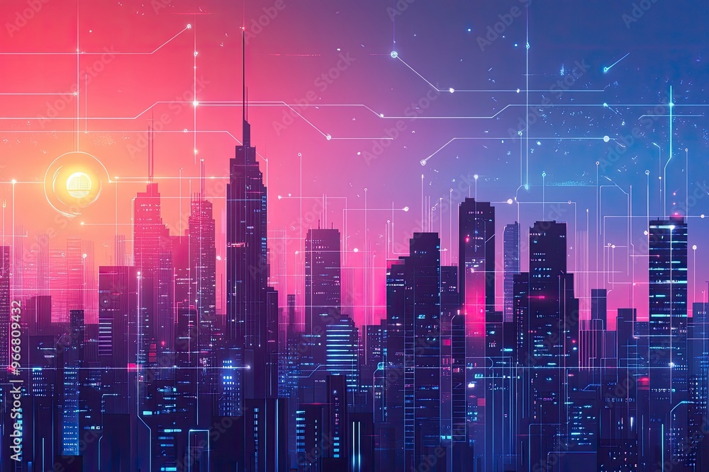 Obraz premium Modern city and wireless communication network concept. Smart city. Digital transformation. Vertical visual for advertisements and banners, ai