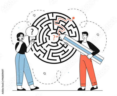 People with labyrinth. Woman and man with huge pencil work out path and solution to puzzle. Challenge and achievement, dilemma. Linear vector illustration