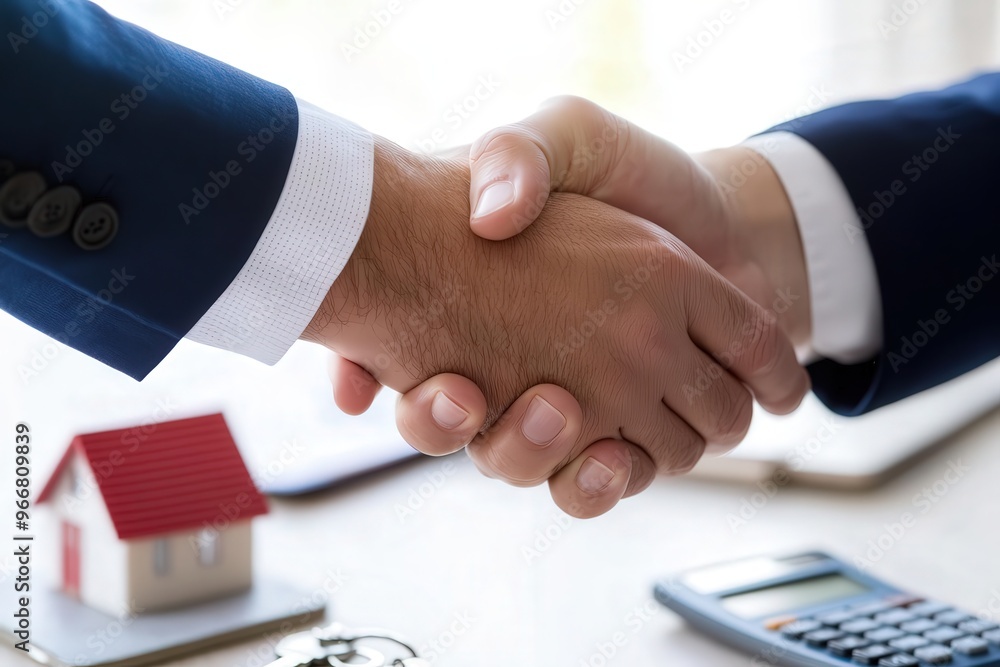 A real estate agent shaking hands with their customer after having closed the deal on an estate property A real estate agent shaking hands with their customer after having closed the deal on an estate property