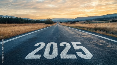 Wallpaper Mural In the middle of an empty asphalt road, there is a huge number "2025" written on it in white paint, with a beautiful sky at sunset in the summertime Torontodigital.ca