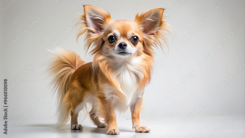 A small, long-haired Chihuahua stands upright, its mouth agape and ears perked, fully immersed in the surrounding A small, long-haired Chihuahua stands upright, its mouth agape and ears perked, fully immersed in the surrounding