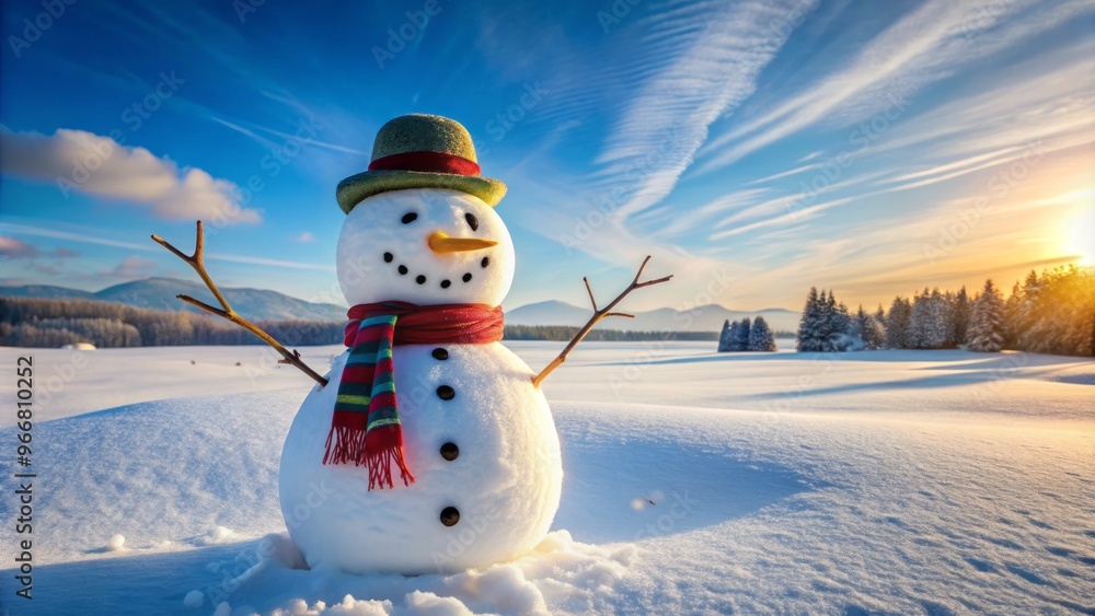 Obraz premium A snowman with a cheerful face, topped with a carrot nose and twig arms, stands tall in a