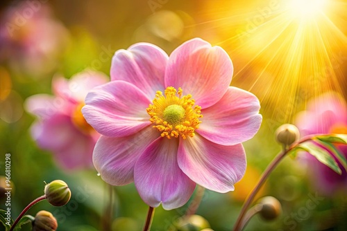 Delicate, soft-focused, pink flower with five tender petals and a bright yellow center, gently swaying in a serene, natural, sunlit outdoor environment. photo