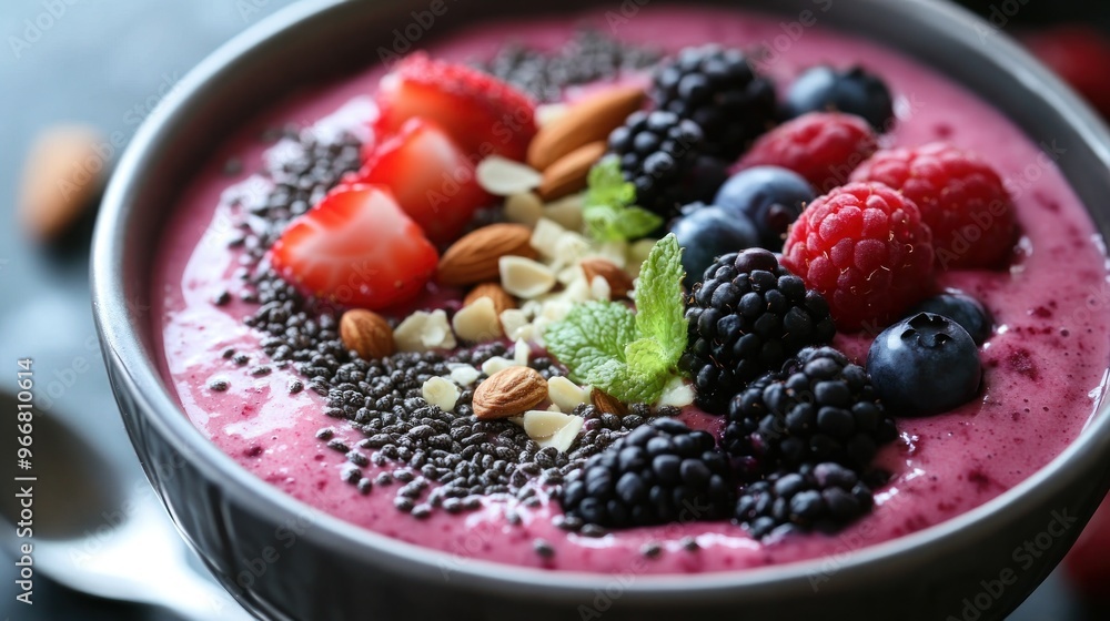 Close-Up of a Smoothie Bowl with Berries, Almonds, and Chia Seeds Close-Up of a Smoothie Bowl with Berries, Almonds, and Chia Seeds