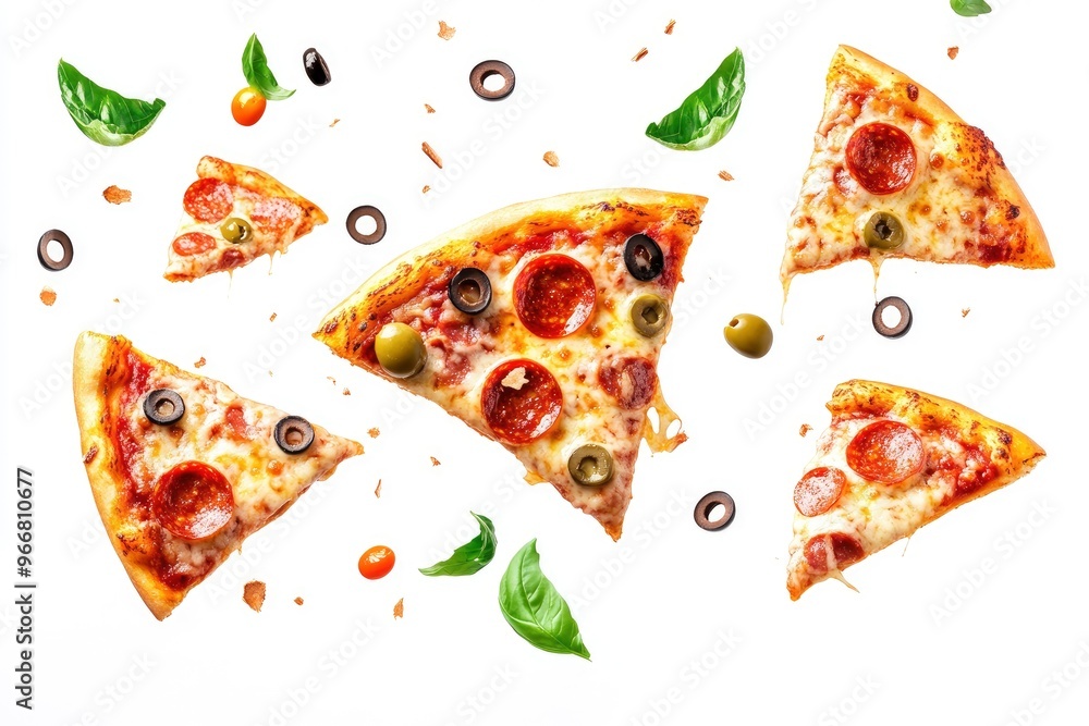 Pizza slices flying, isolated on white background. Delicious peperoni pizza slices pepperonis and olives, floating pizza pieces with melting cheese with basil leaves flying. Italian style pizza, ai Pizza slices flying, isolated on white background. Delicious peperoni pizza slices pepperonis and olives, floating pizza pieces with melting cheese with basil leaves flying. Italian style pizza, ai
