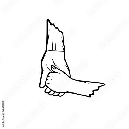 a father's right hand holds his son's left hand in black and white vector line art