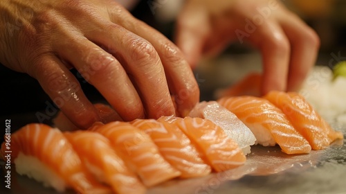 Hands Preparing Salmon Sushi on a Plate