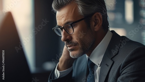 Close-up side view of focused businessman looking a computer