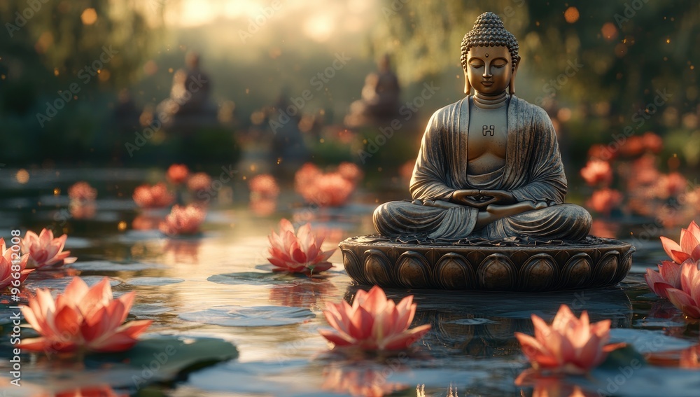 Peaceful Buddha Statue in a Pond Surrounded by Lotus Flowers Peaceful Buddha Statue in a Pond Surrounded by Lotus Flowers