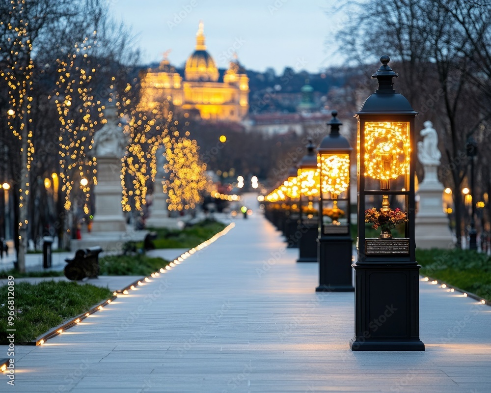 Obraz premium Enchanting evening stroll in a park illuminated by beautiful lanterns, with a historic building glowing in the background.