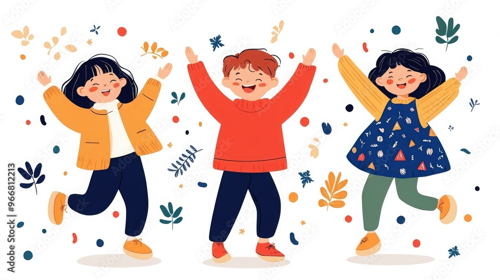 Naklejka premium Three joyful children celebrating with raised hands amidst colorful foliage and confetti, capturing pure happiness and playfulness.