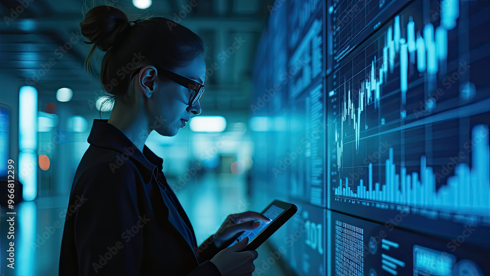 Analyzing Data: A Woman Reviews Financial Charts on a Tablet Analyzing Data: A Woman Reviews Financial Charts on a Tablet