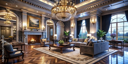 Digitally rendered opulent mansion interior with sleek furnishings, lavish decor, and sparkling chandeliers, set amidst a virtual renovation gameplay environment with tools and blueprints.