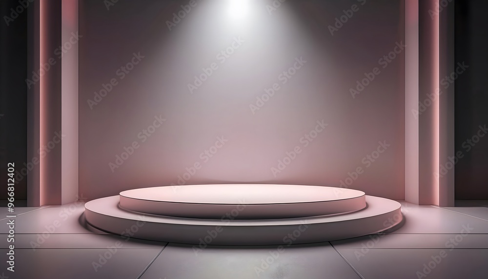 3D rendering of a minimalist product display stand design with wall-mounted spotlights. 3D rendering of a minimalist product display stand design with wall-mounted spotlights.