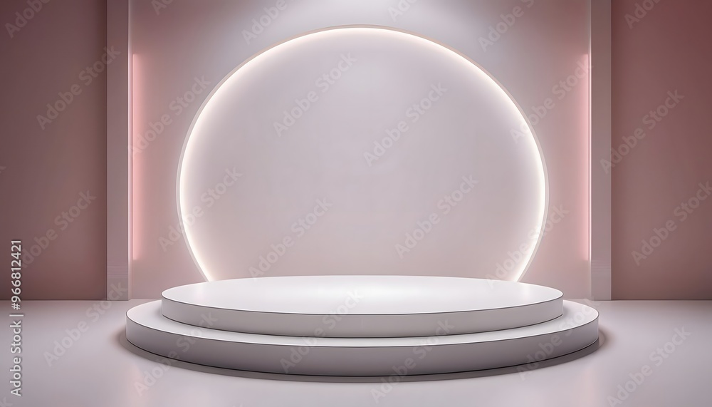 3D rendering of a minimalist product display stand design with wall-mounted spotlights. 3D rendering of a minimalist product display stand design with wall-mounted spotlights.