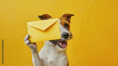 A happy dog holds an envelope with a playful and joyful expression, creating a lighthearted and adorable moment The furry friend’s personality shines in this creative portrayal. AI generative