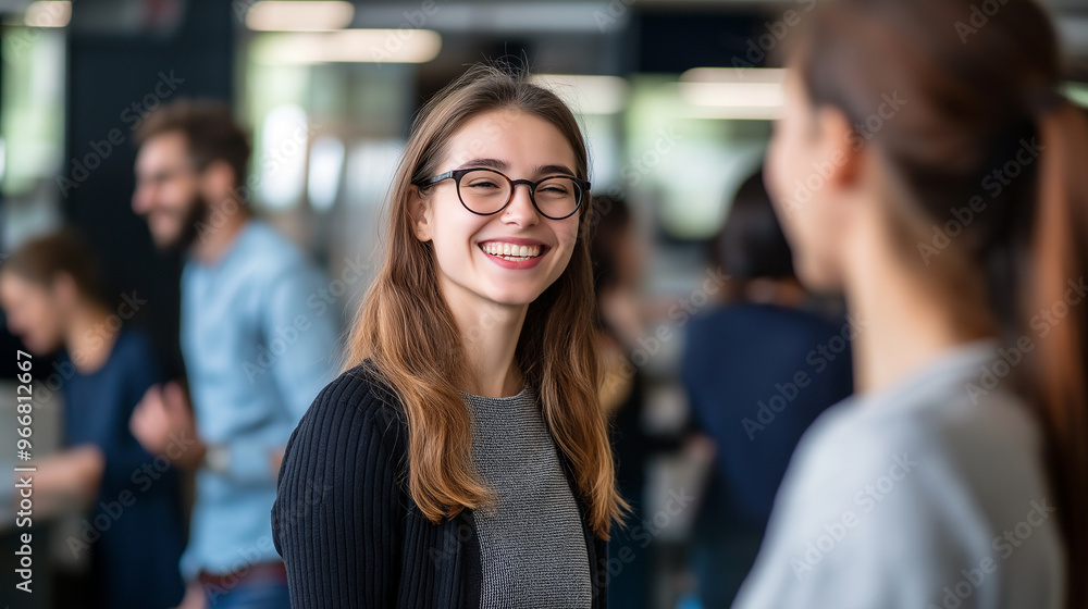 A group of smiling people in casual dressing standing around in the office A group of smiling people in casual dressing standing around in the office
